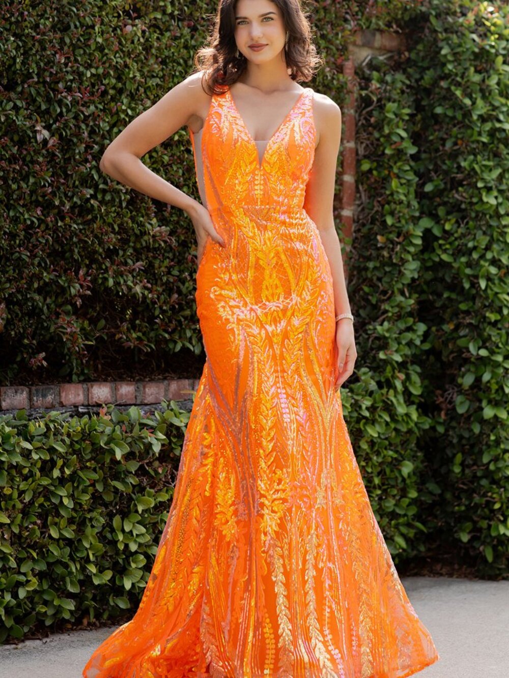 NEW ORANGE Sequin & Mesh V-Neck Evening Gown Floor Length 8182J